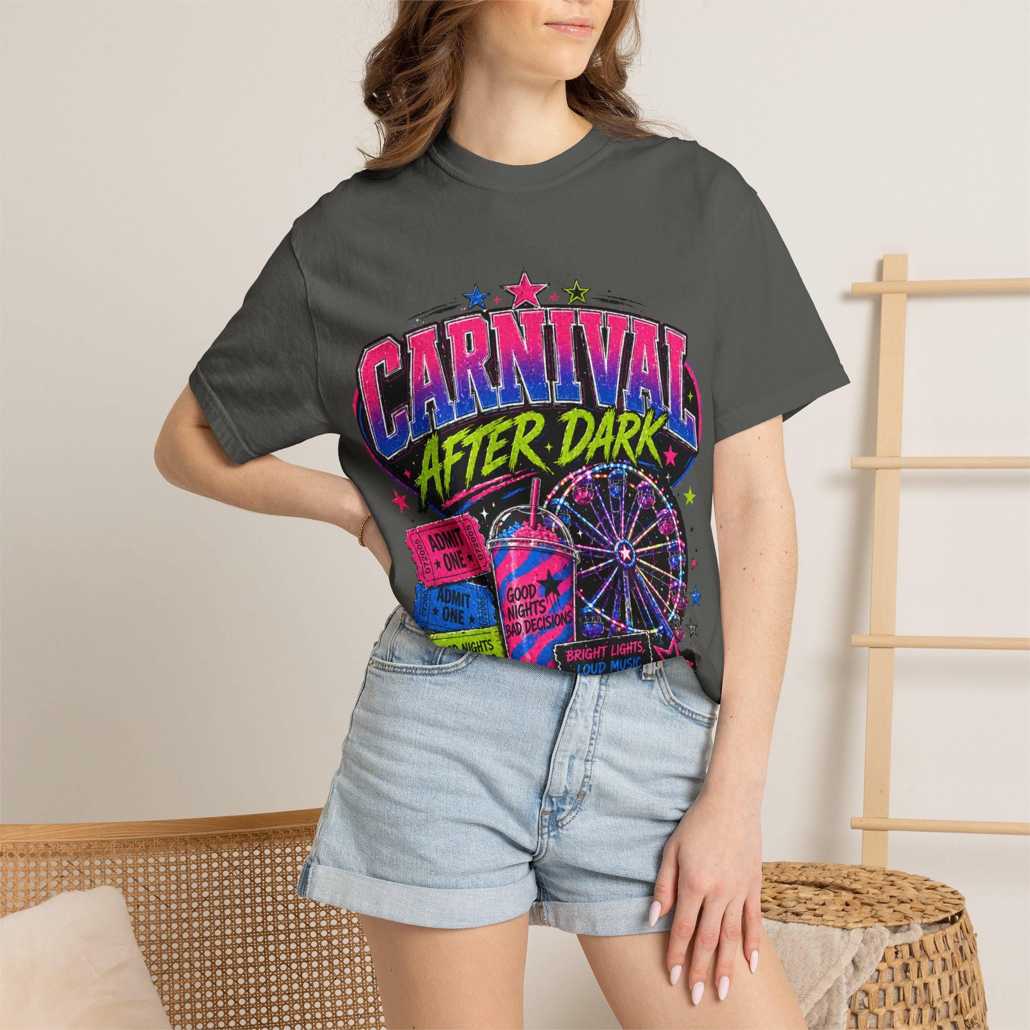 Carnival After Dark Shirt, Y2K Neon Fair Graphic Tee, Night Carnival Aesthetic, Retro Festival Shirt, Good Nights Bad Decisions Tee