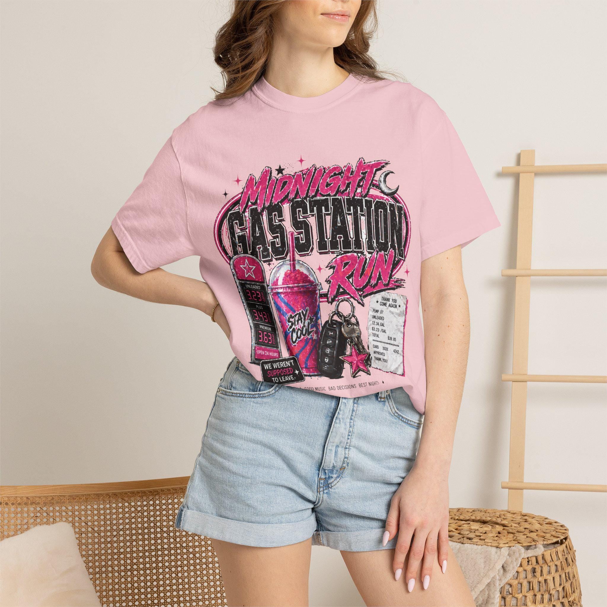 Midnight Gas Station Run T-shirt | Retro Neon Pump, Soda Cup, Receipt Graphic