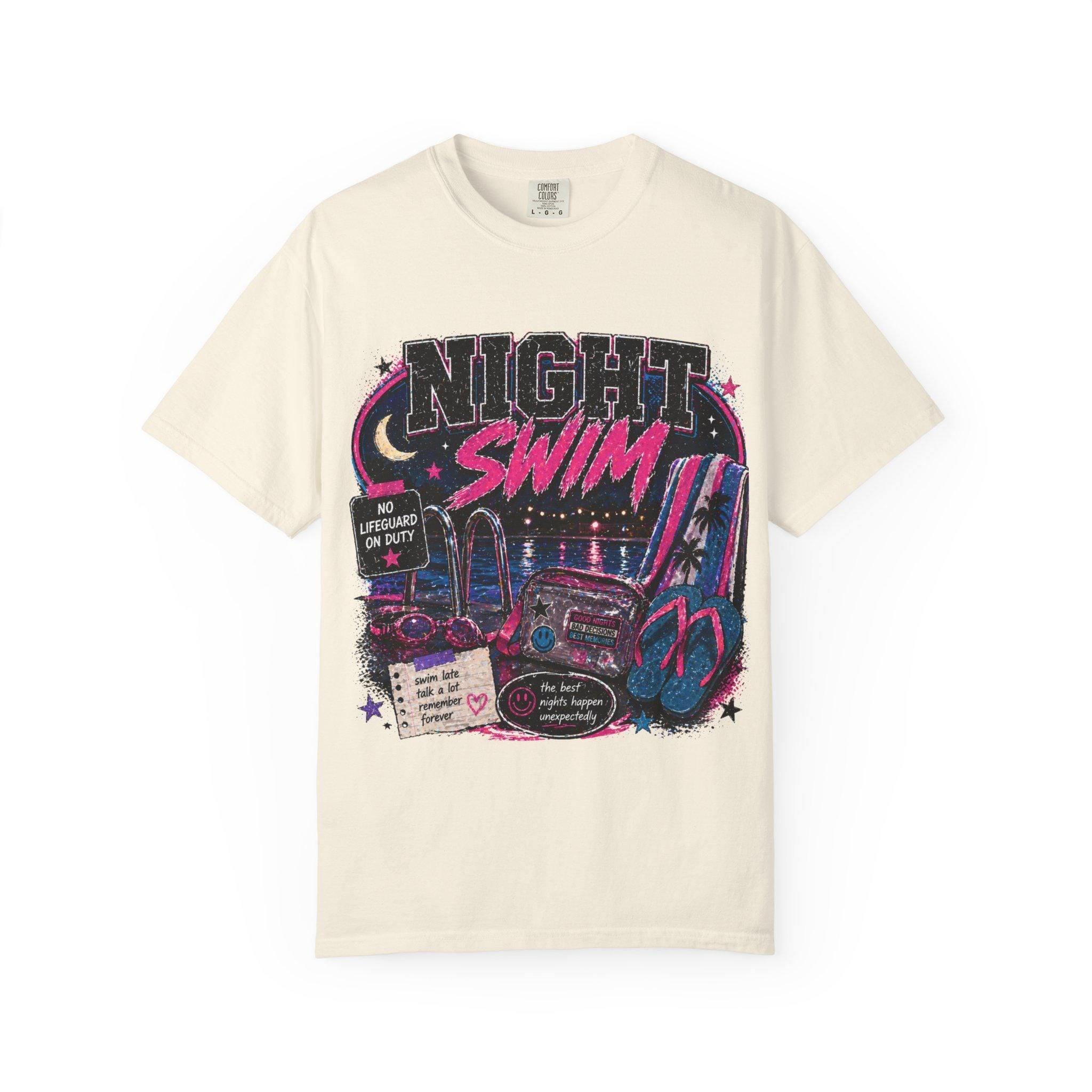 Night Swim graphic tee | Retro 80s neon car beach scene