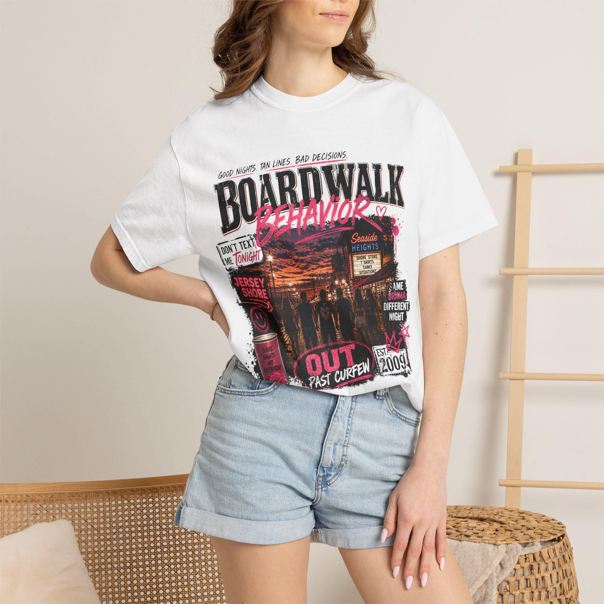 Boardwalk Behavior Beach Scene T-shirt | Jersey Shore Sunset Graphic