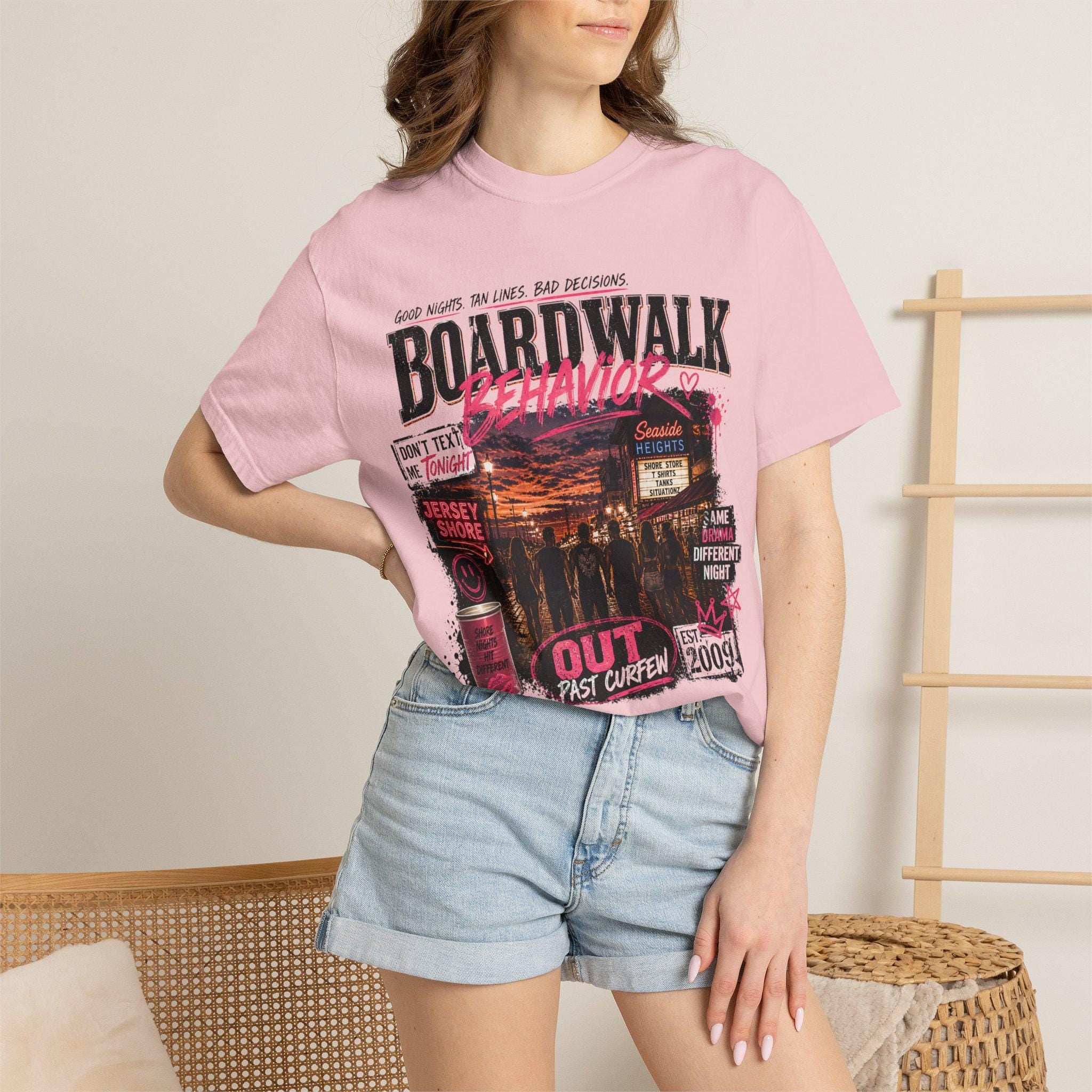 Boardwalk Behavior Beach Scene T-shirt | Jersey Shore Sunset Graphic