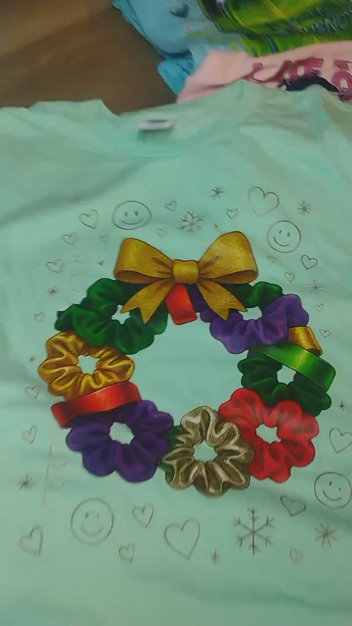 Colorful 90s Scrunchie Wreath Sweatshirt Holiday Bow Poinsettia Christmas Festive Crew Winter Sweater Gift