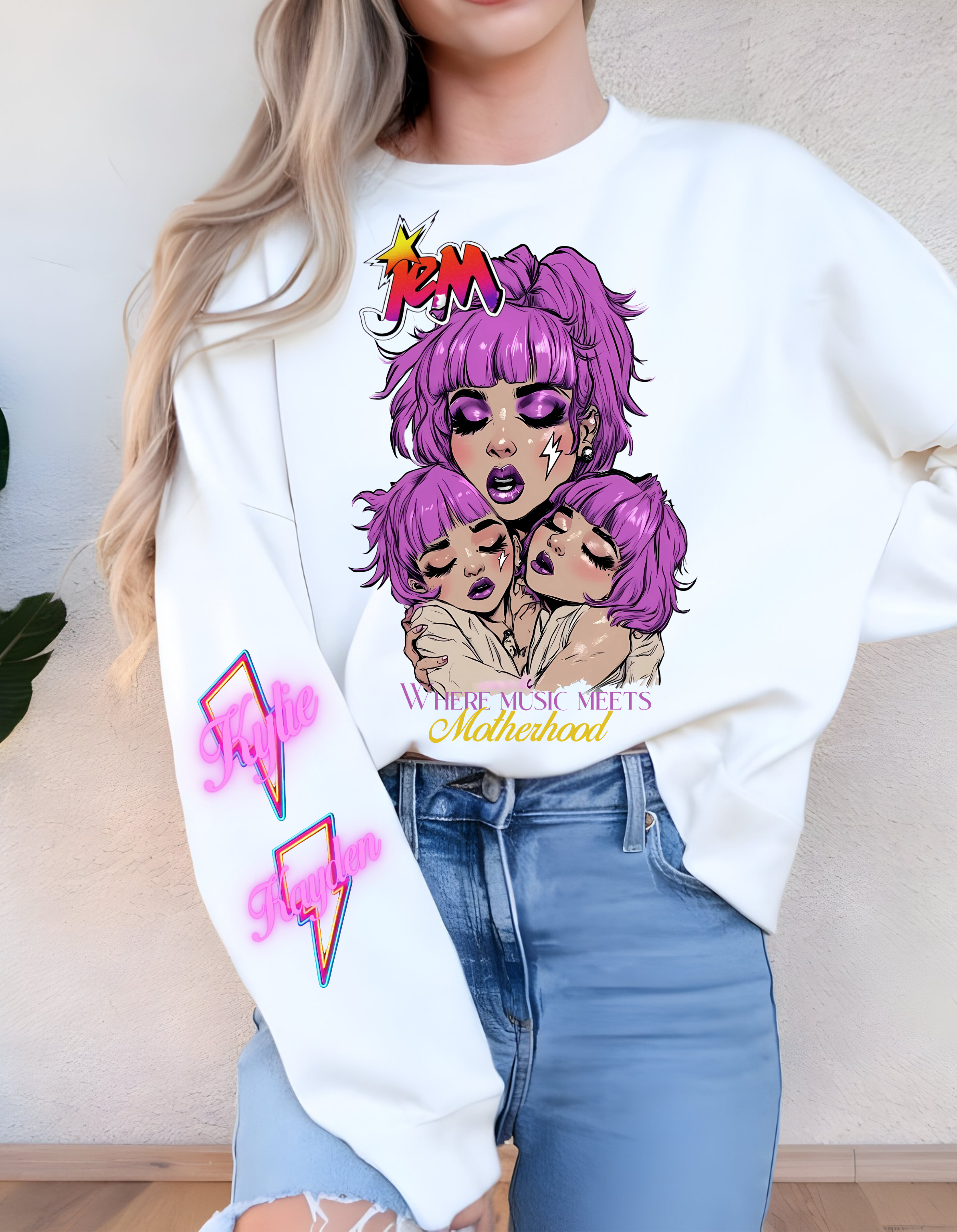 Retro 80er Cartoon Sweatshirt, Personalisierbare Jem and the Holograms Parodie Kleidung, Unisex Crewneck, Individualisierbarer Pullover, Vintage Style